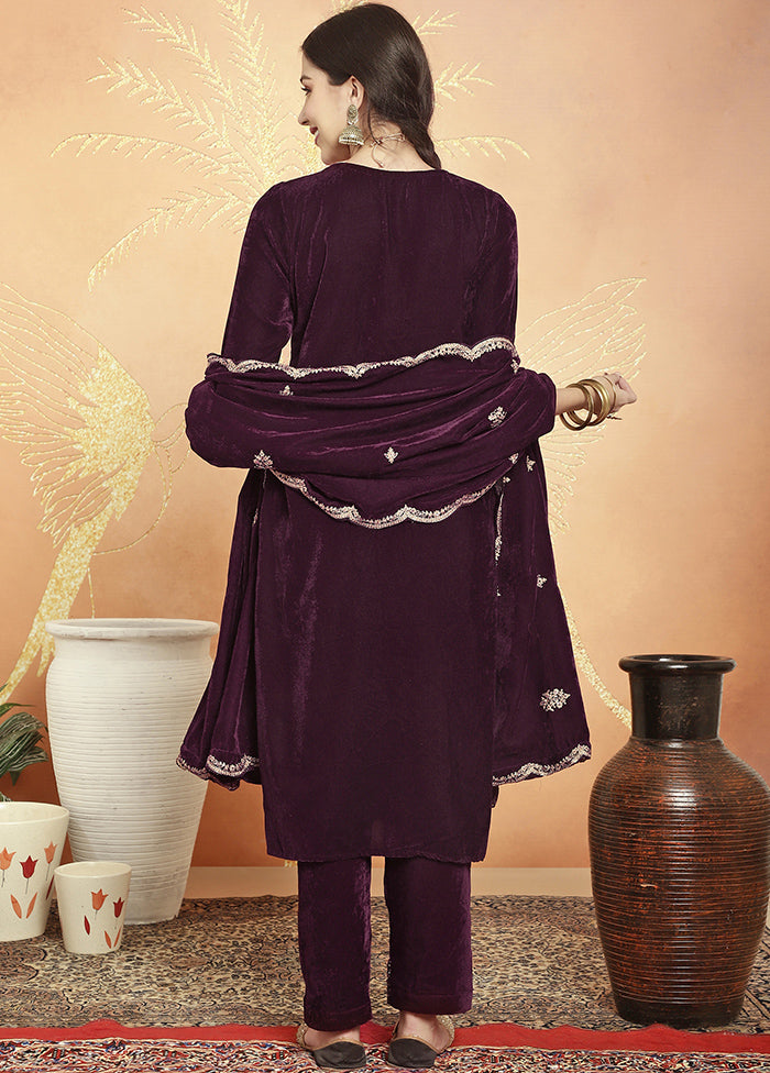 3 Pc Maroon Unstitched Velvet Suit Set - Indian Silk House Agencies