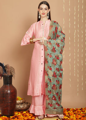 3 Pc Peach Unstitched Chanderi Suit Set