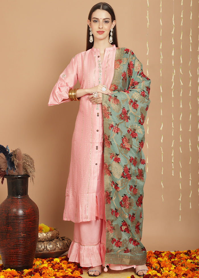 3 Pc Peach Unstitched Silk Suit Set - Indian Silk House Agencies