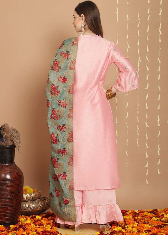 3 Pc Peach Unstitched Silk Suit Set - Indian Silk House Agencies