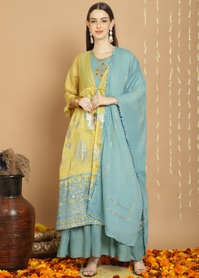 3 Pc Yellow Unstitched Chanderi Suit Set