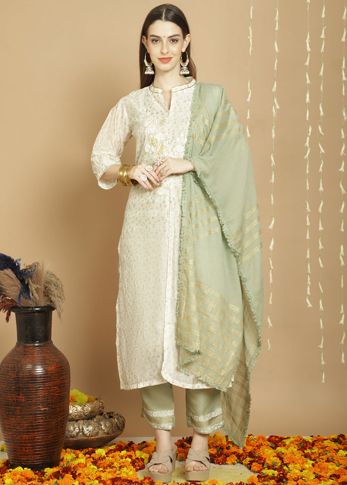 3 Pc White Unstitched Silk Suit Set