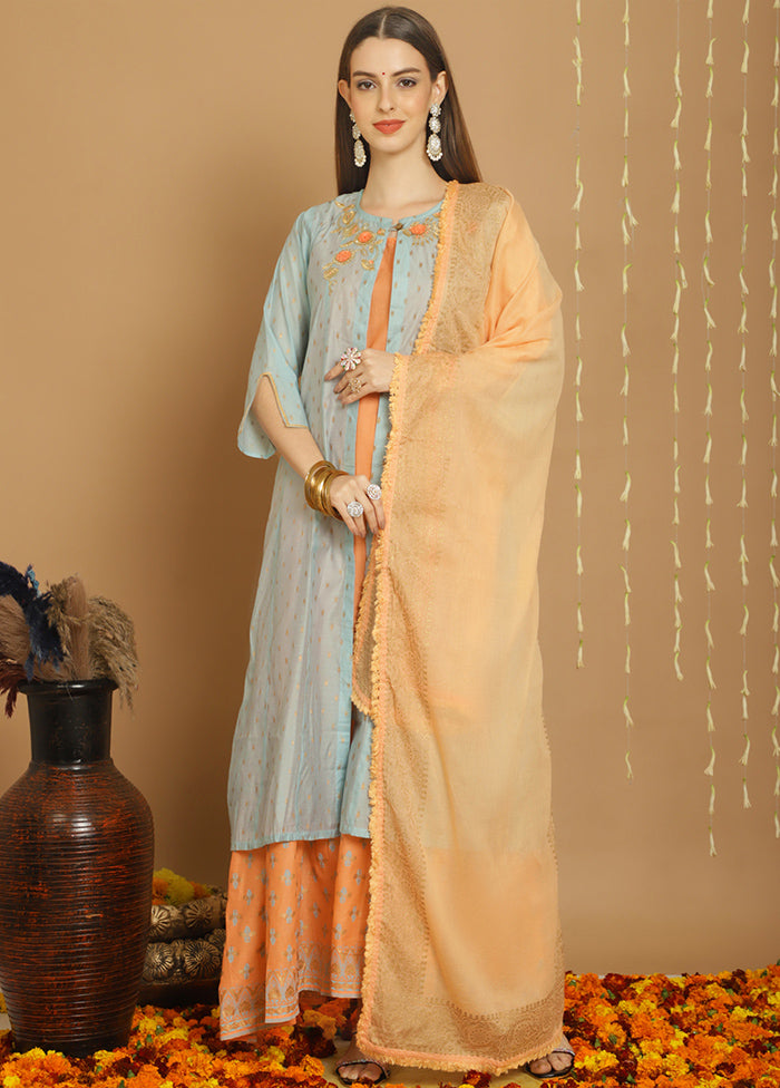 3 Pc Turquoise Unstitched Chanderi Suit Set