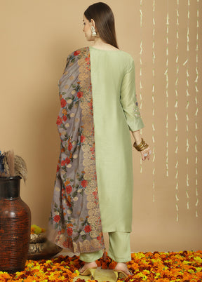 3 Pc Green Unstitched Chanderi Suit Set