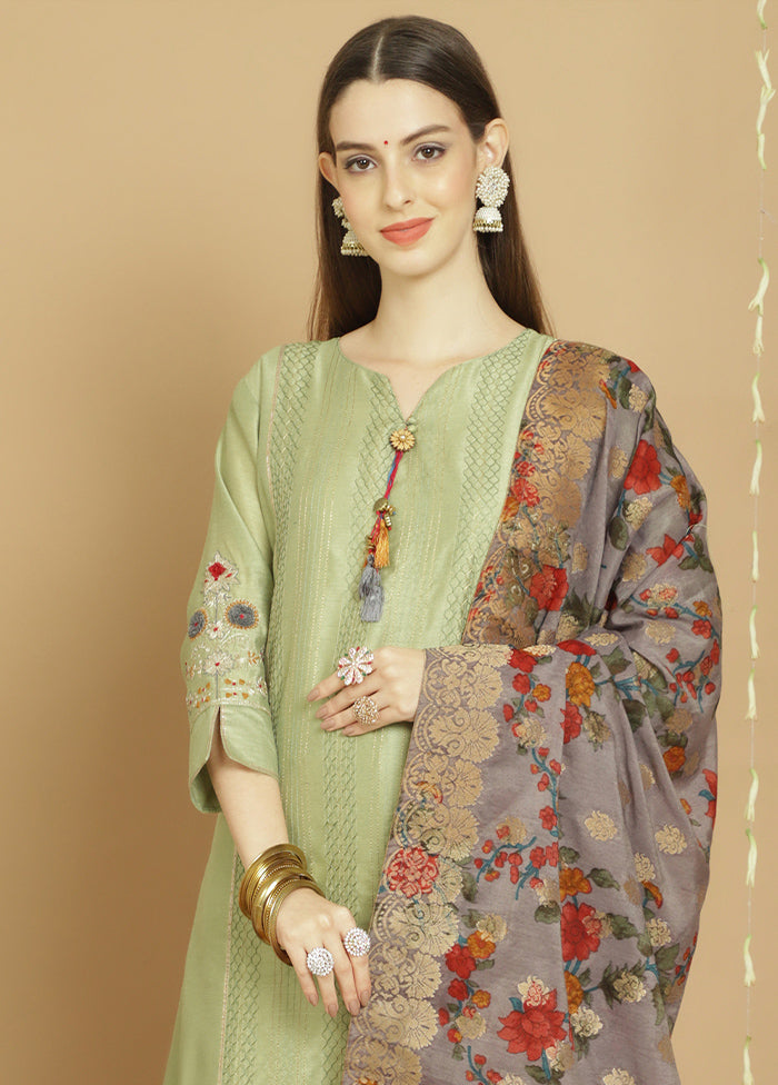 3 Pc Green Unstitched Silk Suit Set