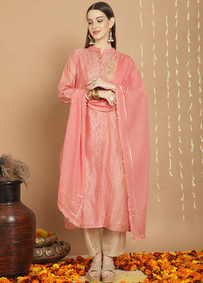 3 Pc Peach Unstitched Chanderi Suit Set