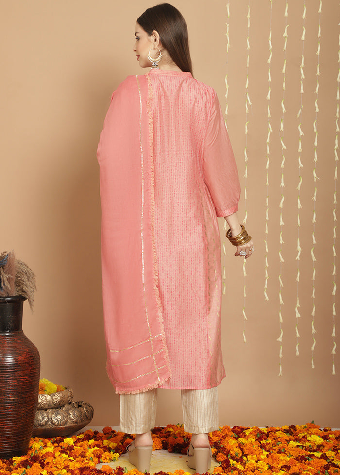 3 Pc Peach Unstitched Chanderi Suit Set