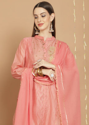 3 Pc Peach Unstitched Chanderi Suit Set