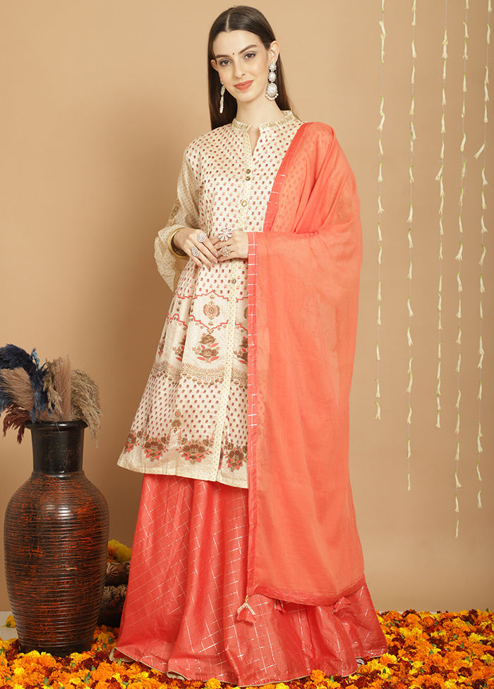 3 Pc Cream Unstitched Silk Suit Set - Indian Silk House Agencies