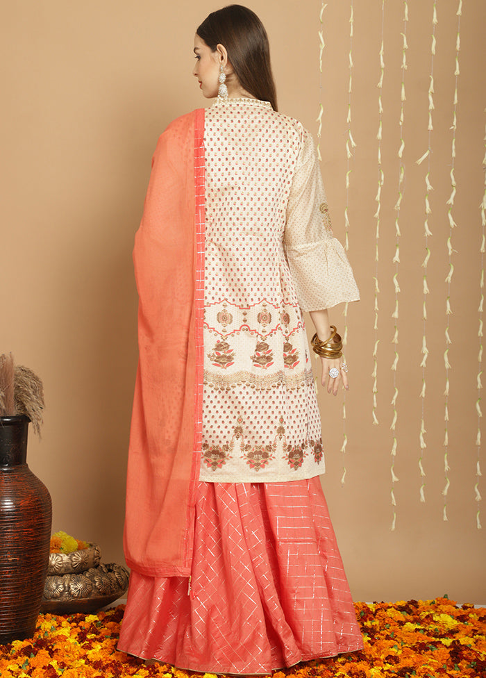 3 Pc Cream Unstitched Chanderi Suit Set