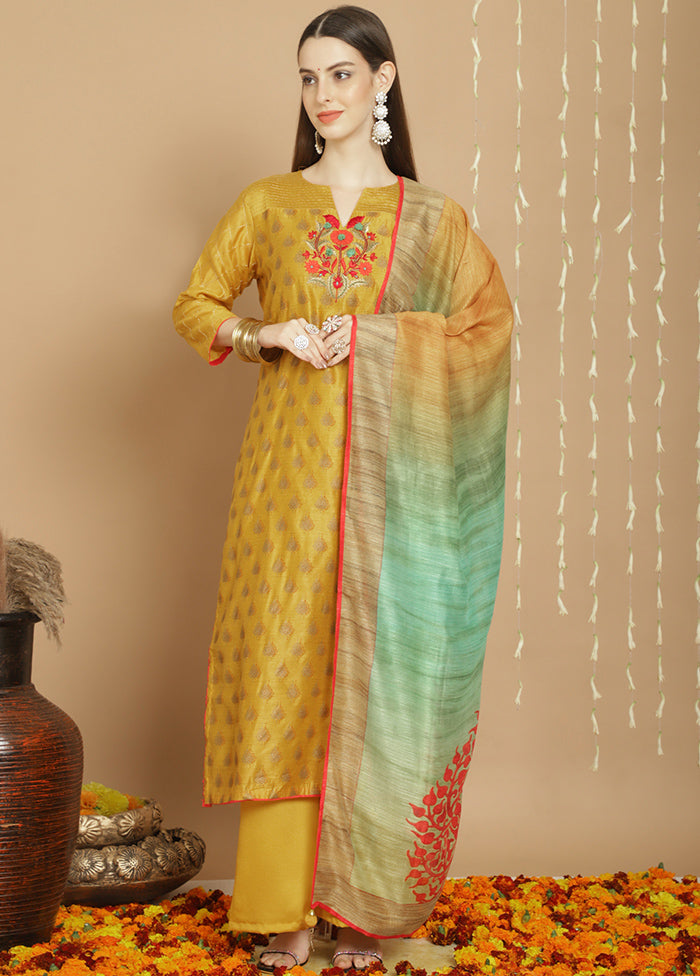 3 Pc Yellow Unstitched Chanderi Suit Set