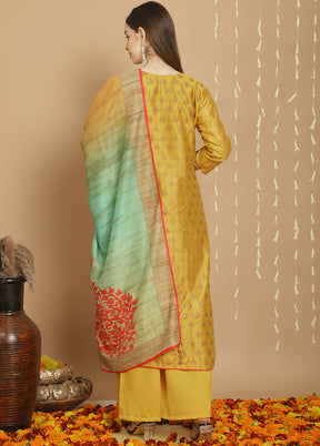 3 Pc Yellow Unstitched Chanderi Suit Set