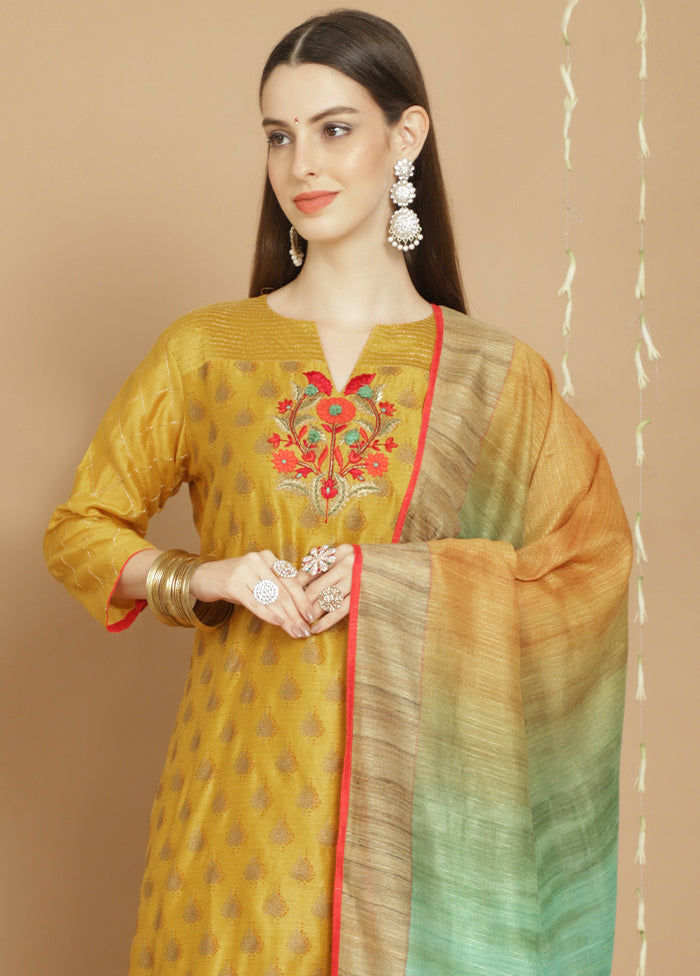 3 Pc Yellow Unstitched Silk Suit Set