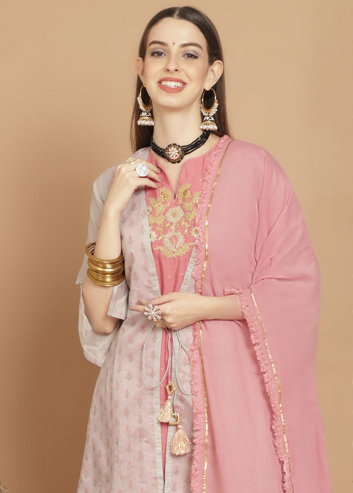 3 Pc Grey Unstitched Chanderi Suit Set