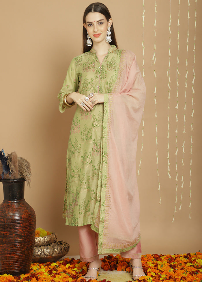 3 Pc Green Unstitched Chanderi Suit Set