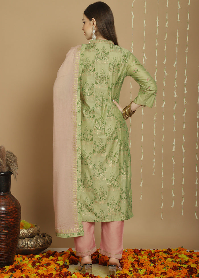 3 Pc Green Unstitched Silk Suit Set - Indian Silk House Agencies