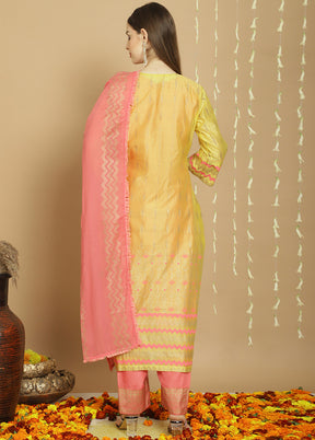 3 Pc Yellow Unstitched Silk Suit Set