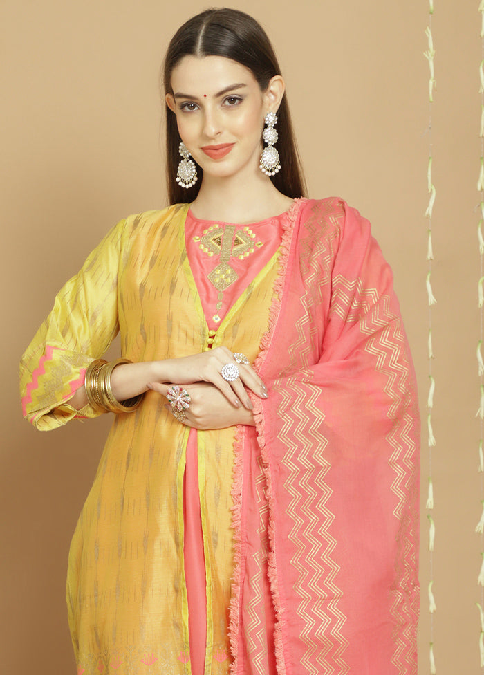 3 Pc Yellow Unstitched Silk Suit Set - Indian Silk House Agencies