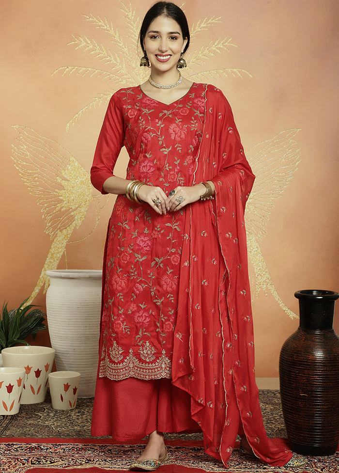 3 Pc Red Unstitched Silk Suit Set