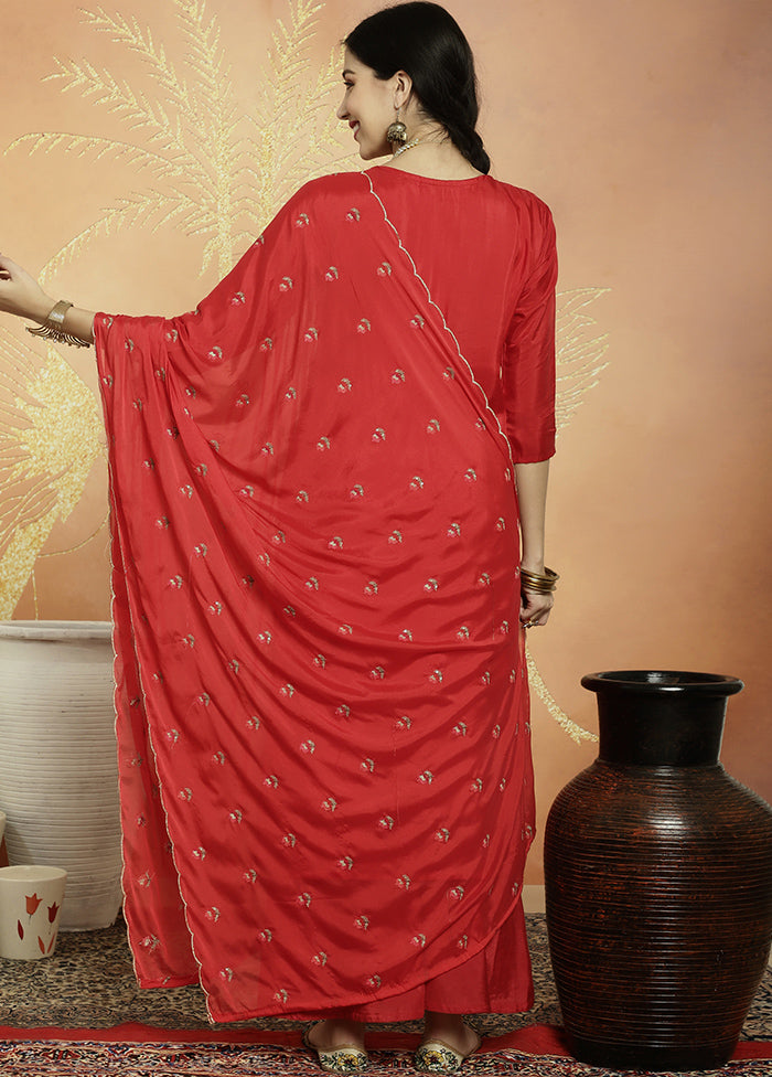 3 Pc Red Unstitched Pure Santoon Suit Set - Indian Silk House Agencies