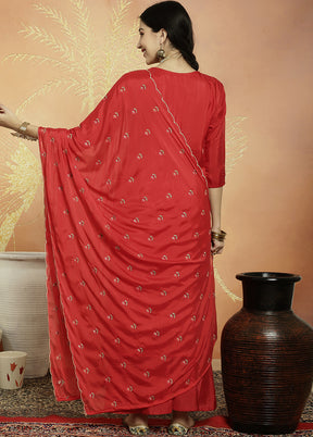 3 Pc Red Unstitched Silk Suit Set