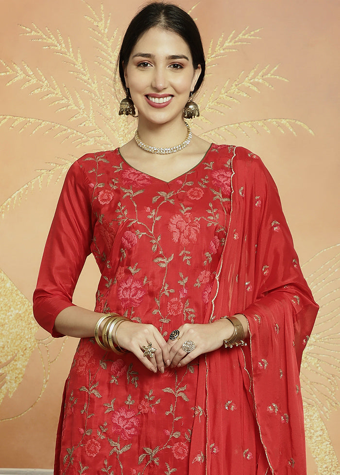 3 Pc Red Unstitched Silk Suit Set