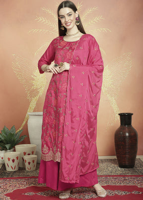 3 Pc Magenta Unstitched Silk Suit Set