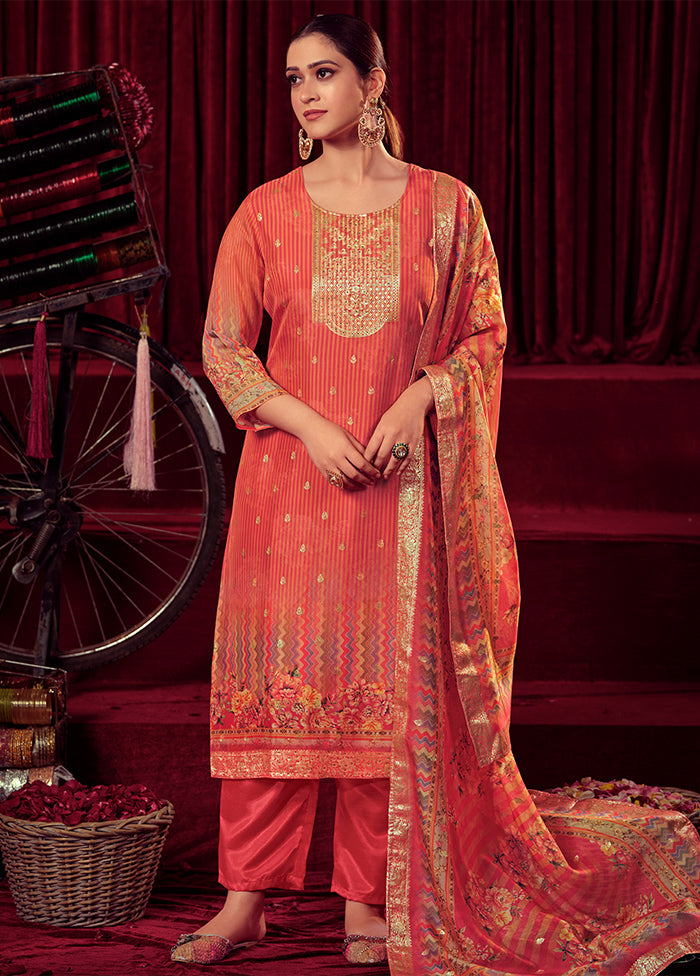 3 Pc Orange Unstitched Muslin Suit Set - Indian Silk House Agencies