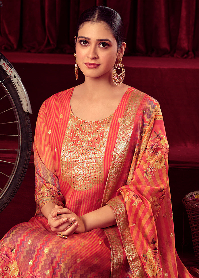 3 Pc Orange Unstitched Muslin Suit Set - Indian Silk House Agencies