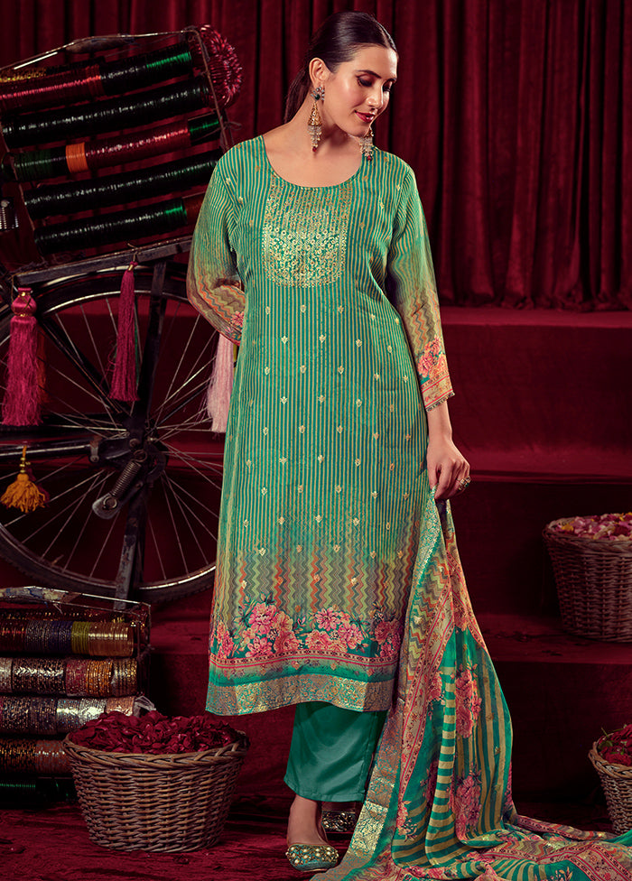 3 Pc Green Unstitched Muslin Suit Set - Indian Silk House Agencies