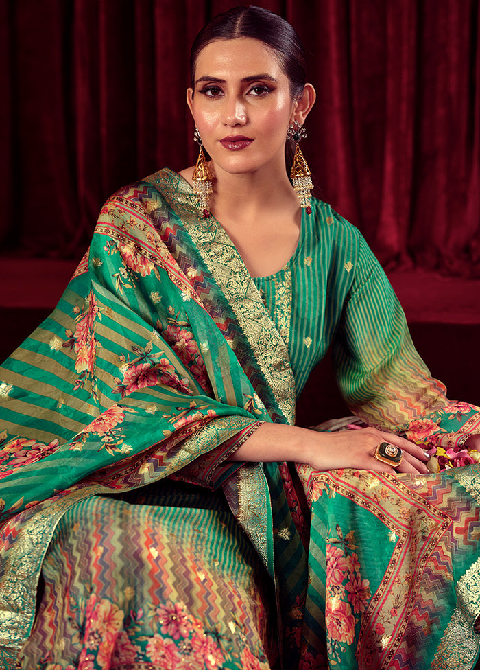 3 Pc Green Unstitched Muslin Suit Set - Indian Silk House Agencies