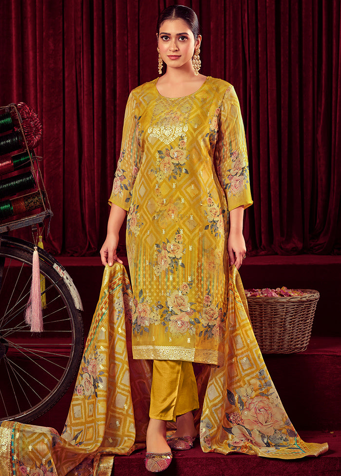 3 Pc Yellow Unstitched Muslin Suit Set - Indian Silk House Agencies