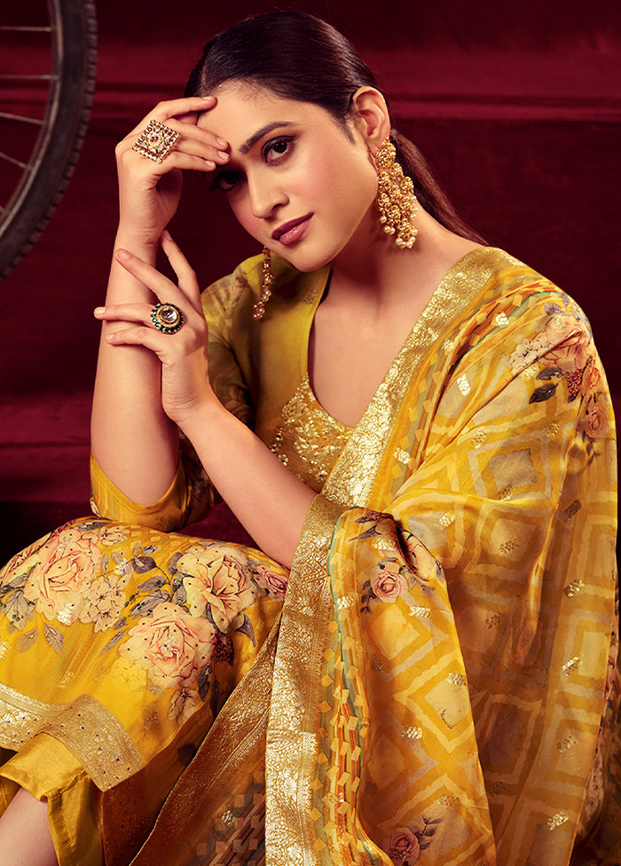 3 Pc Yellow Unstitched Muslin Suit Set - Indian Silk House Agencies