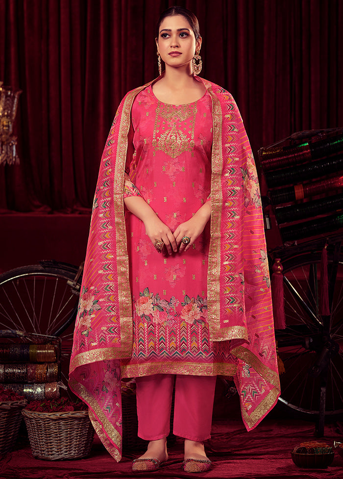 3 Pc Pink Unstitched Muslin Suit Set - Indian Silk House Agencies