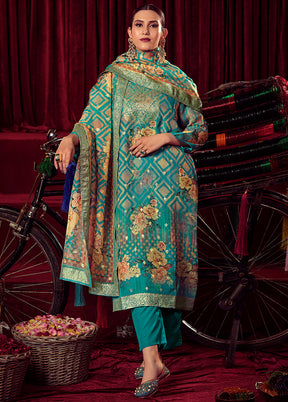 3 Pc Blue Unstitched Muslin Suit Set - Indian Silk House Agencies