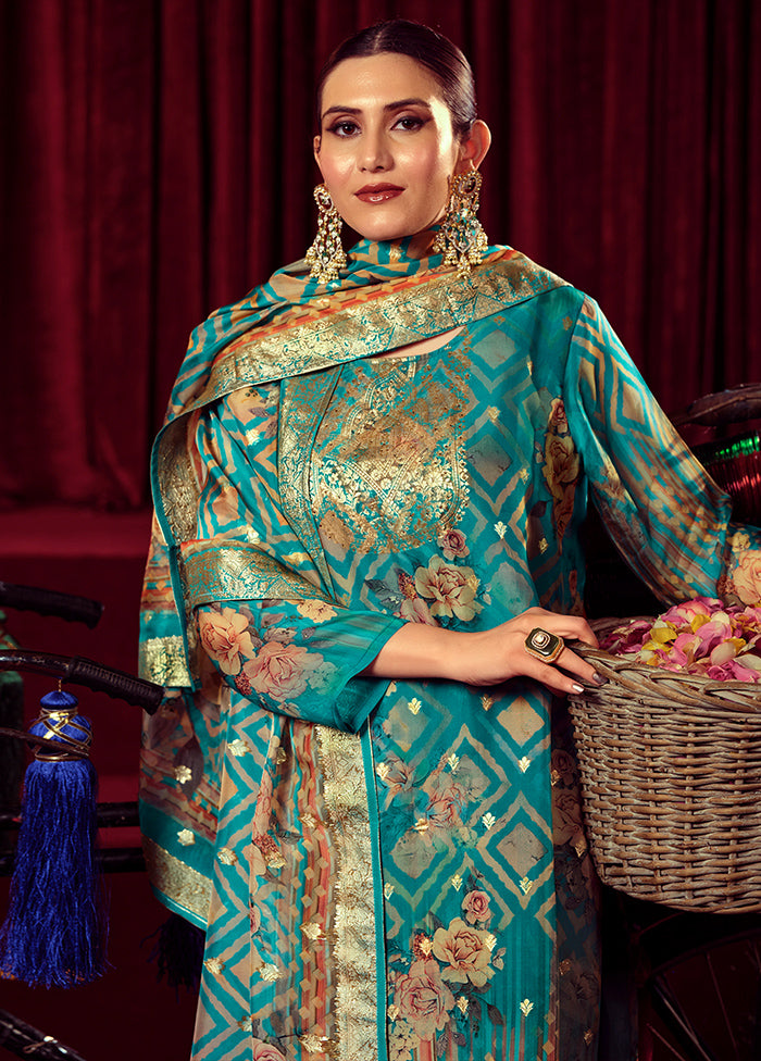 3 Pc Blue Unstitched Muslin Suit Set - Indian Silk House Agencies