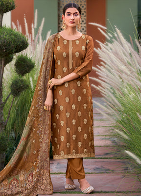 3 Pc Brown Unstitched Silk Suit Set