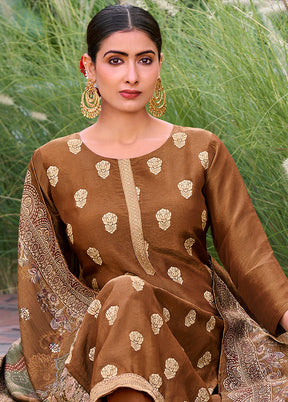 3 Pc Brown Unstitched Silk Suit Set - Indian Silk House Agencies