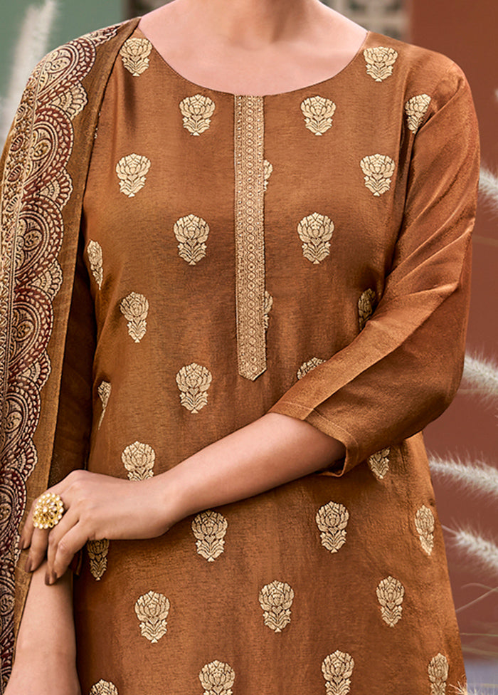 3 Pc Brown Unstitched Silk Suit Set