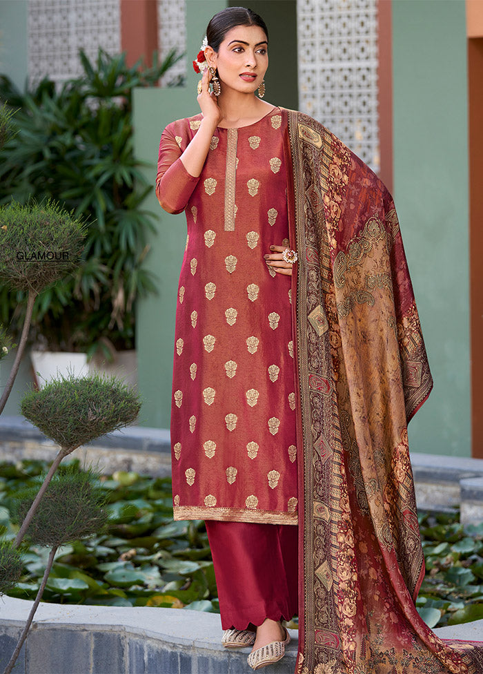 3 Pc Maroon Unstitched Pure Silk Suit Set