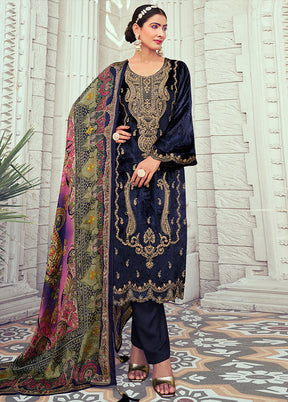 3 Pc Blue Unstitched Pashmina Suit Set - Indian Silk House Agencies