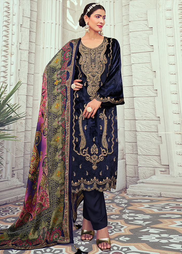 3 Pc Navy Blue Unstitched Velvet Suit Set