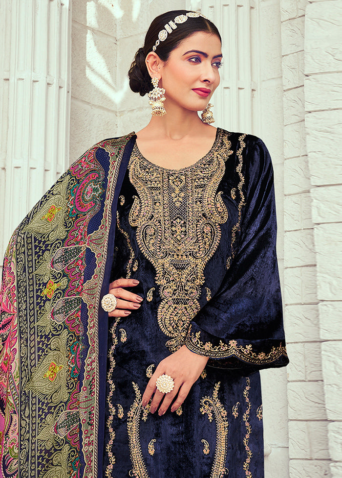 3 Pc Blue Unstitched Pashmina Suit Set - Indian Silk House Agencies