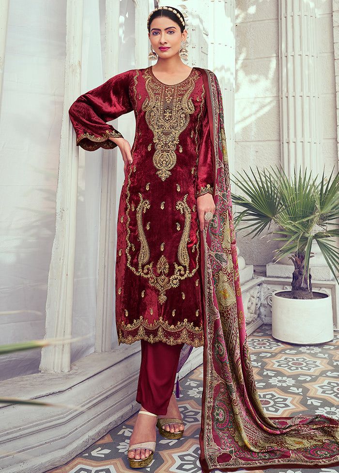 3 Pc Maroon Unstitched Pashmina Suit Set - Indian Silk House Agencies