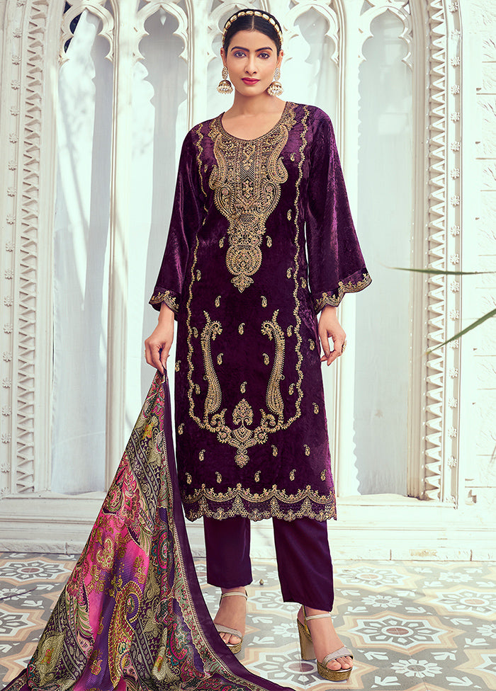 3 Pc Purple Unstitched Pashmina Suit Set