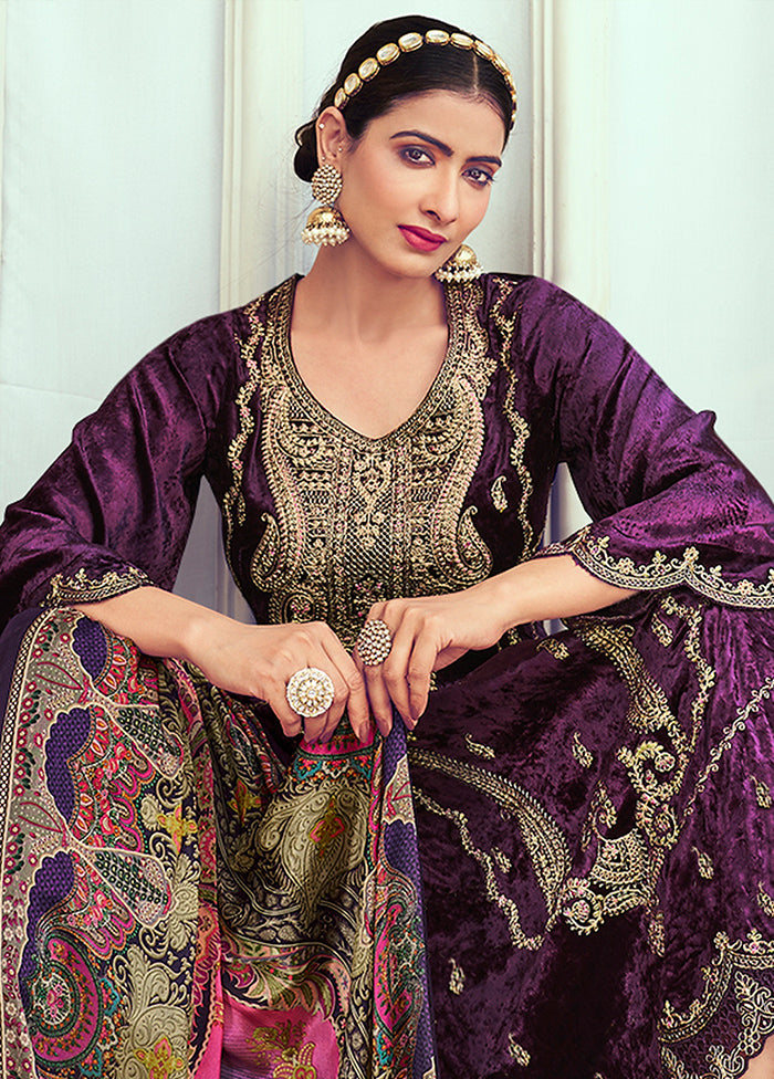 3 Pc Purple Unstitched Pashmina Suit Set - Indian Silk House Agencies