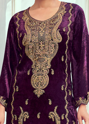 3 Pc Purple Unstitched Pashmina Suit Set
