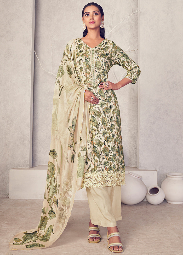 3 Pc Cream Unstitched Pure Pashmina Suit Set