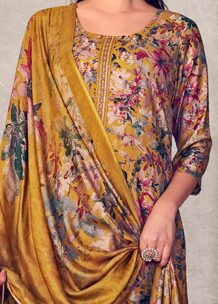 3 Pc Yellow Unstitched Pure Pashmina Suit Set - Indian Silk House Agencies