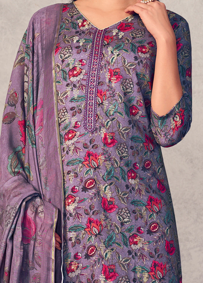 3 Pc Purple Unstitched Pure Pashmina Suit Set